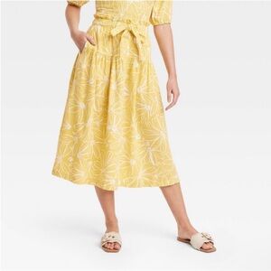 New Women's Tie Waist Button-Front Midi Skirt Universal Thread Yellow Floral